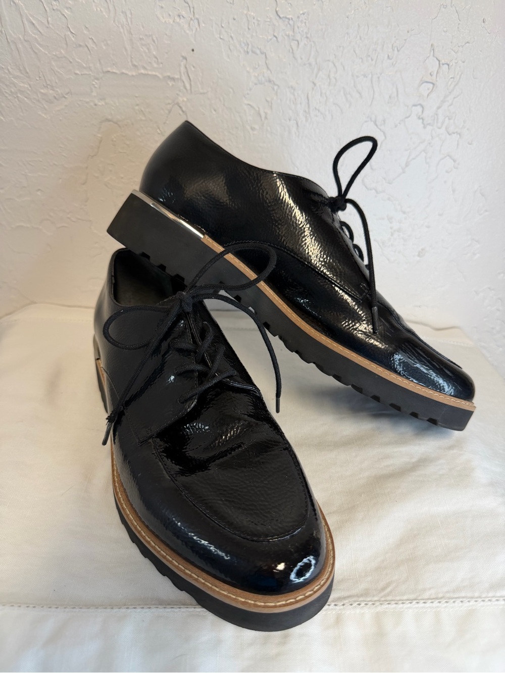 Franco Sarto Charles Black Patent Lace-Up Derby with Tan Welt Lug Sole Shoea